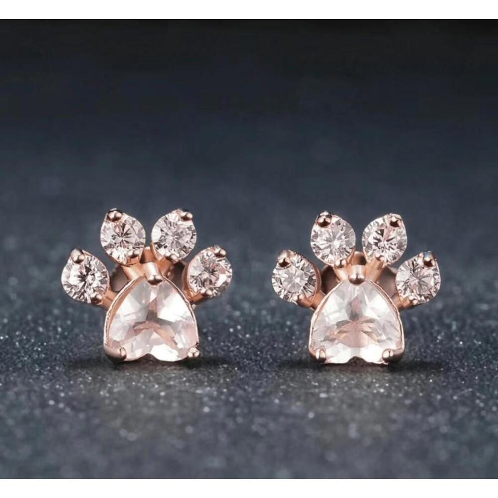 Rose Gold Paw Print Stud Earrings with Pink Crystals NEW